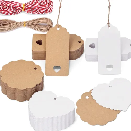 SallyFashion Paquete de 200 etiquetas de regalo con cuerda adjunta, 3 diseños diferentes, etiquetas en blanco y marrón, etiquetas de regalo con