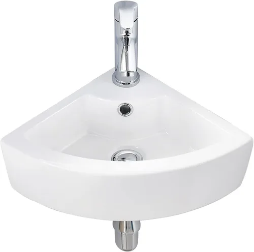 Miniatura 9 de Fregadero de baño de montaje en pared, fregadero de 13.4 x 11.5 pulgadas con soporte para grifo, lavabo rectangular de cerámica de porcelana blanca