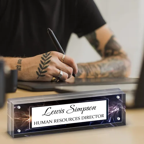 Miniatura 6 de Placa de Nombre para Escritorio, Placa de Nombre de Escritorio con Patrón de Doble Cara Personalizada, Decoración de Escritorio de Oficina para Negro