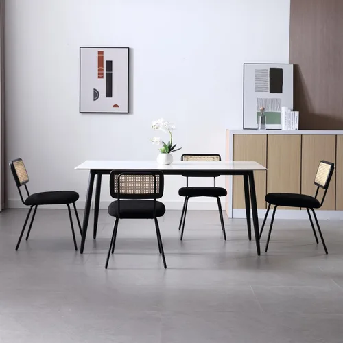 Miniatura 2 de Juego de 2 sillas de comedor de ratán, sillas de comedor de caña tapizadas de sherpa negro con respaldo de ratán, sillas de comedor tejidas