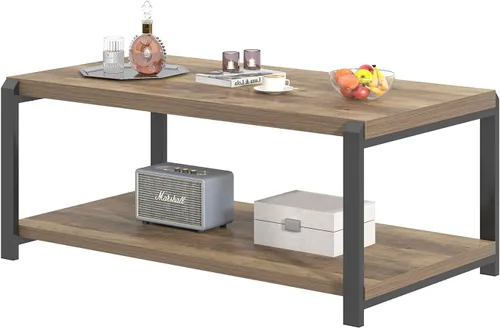 Miniatura 8 de EXCEFUR Mesa de Centro Moderna, Mesa Central de Madera Rústica y Metal para Sala de Estar, Mesa de Cóctel y Té Rectangular Industrial con Roble