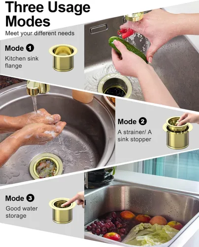 Miniatura 5 de BOTEMY Brida extendida de eliminación de basura con cesta colador tapón, brida de fregadero de cocina de acero inoxidable 304 brillante de oro