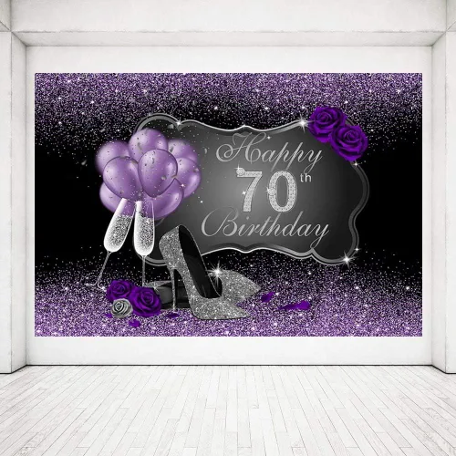 Miniatura 6 de Fondo fotográfico negro y morado con tacones altos plateados, globos de rosa morada para fiesta de cumpleaños número 70, telón de fondo