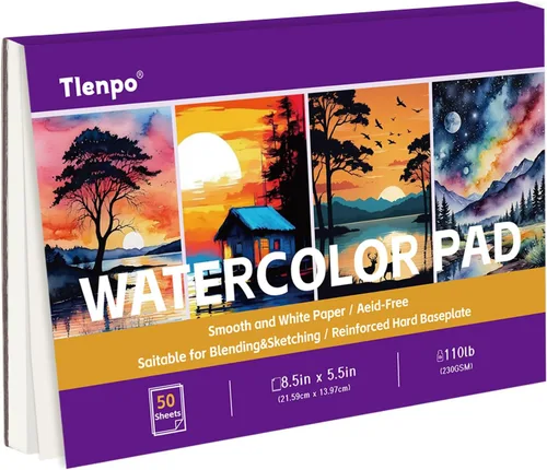 Tlenpo Bloc de papel de acuarela, 8.5 x 5.5 pulgadas, 110 libras/230 gsm, 50 hojas, libro de papel de dibujo para pintura de artista, suministros de