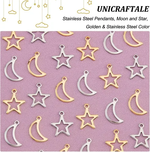 Miniatura 4 de UNICRAFTALE Dijes huecos de estrella y luna, 80 dijes de acero inoxidable, 2 colores, colgante de agujero pequeño, colgantes de metal, dijes planos