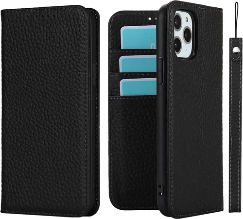 Miniatura 10 de iCoverCase Compatible con iPhone 11 Pro Max, funda magnética de piel auténtica con bloqueo RFID, correa para la muñeca y ranuras para tarjetas