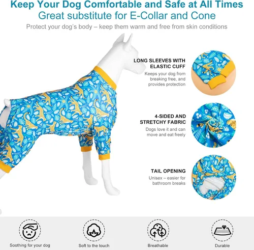 Miniatura 5 de LovinPet Onsies for Dogs Large - Camisa para aliviar la ansiedad de mascotas, protección solar, pijama para perros, tela cómoda, estampado