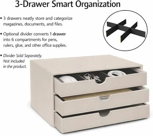 Miniatura 5 de Organizador de Documentos UnionBasic, Caja de Almacenamiento de Archivos con 3 Cajones, Organizador de Archivos para Escritorio de Oficina, Beige