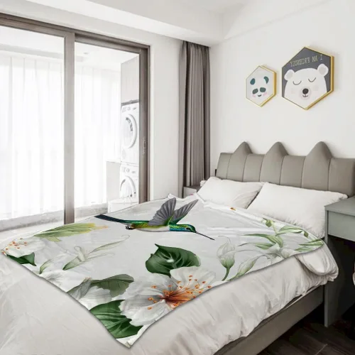 Miniatura 2 de TheBlackSpot Manta de franela de forro polar suave y cómoda con diseño de flores y hojas verdes, diseño de lirio y colibrí, para decoración de sofá