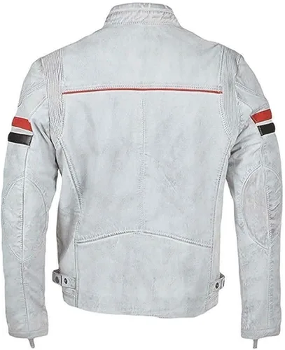 Miniatura 3 de UGFashions Mens Vintage Cafe Racer Retro White Motorcycle Red Black Stripes Biker Cowhide Leather Jacket
