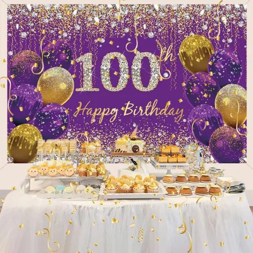 Miniatura 3 de Decoración de cumpleaños número 100 para mujer, póster de tela morada, decoración de fiesta de nacimiento y fiesta, pancarta de fondo 100 pies B