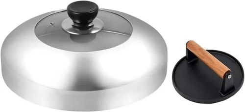 Miniatura 6 de Herramientas de cocina de hierro fundido resistente para hamburguesas, prensa redonda para carne y carne con mango de madera antiquemaduras