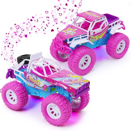 Pink Toys Auto para niña pequeña, paquete de 2 camiones de juguete Push and Go de 6.3 pulgadas para niños de 3, 4, 5, 6 años, con luces LED, música