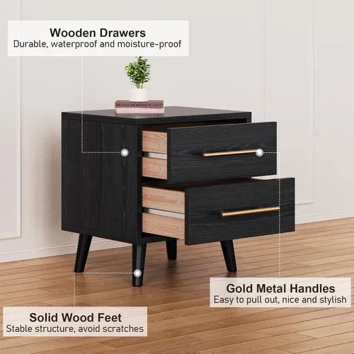 Miniatura 5 de Aiho Juego de 2 mesitas de noche, juego de mesita de noche para dormitorio, mesita de noche de madera con asas de metal, 2 cajones, mesita de noche