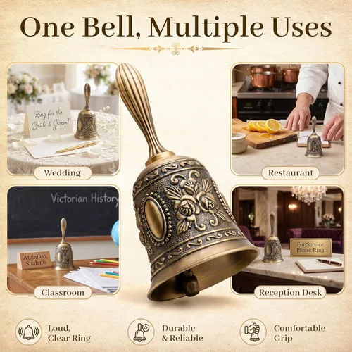 Miniatura 3 de DomeStar Campana de mano vintage de latón – Campana de llamada ruidosa para mesita de noche, cena, boda, Navidad y fiesta de vacaciones