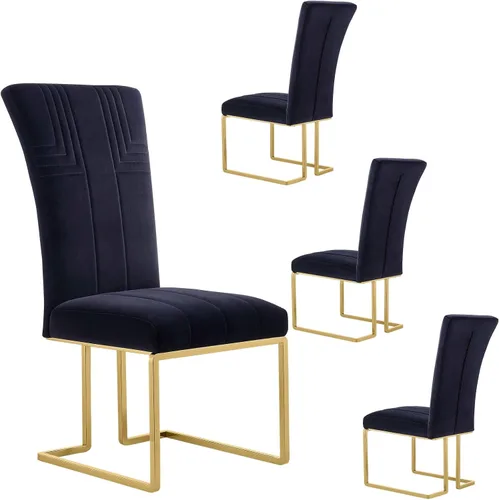 Miniatura 10 de AUZ Juego de 6 sillas de comedor negras y doradas, sillas tapizadas de terciopelo negro con patas de trineo de acero inoxidable pulido, sillas