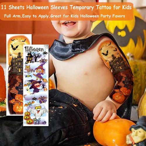 Miniatura 2 de CHARLENT Tatuajes temporales de brazo completo de Halloween para niños, 11 hojas de tatuajes de Halloween de brazo completo para niños y niñas