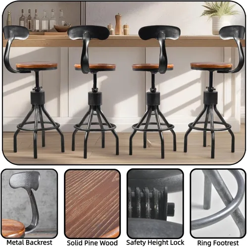 Miniatura 3 de Juego de 2 taburetes de bar vintage, silla giratoria industrial para cocina, comedor, altura de 23-33 pulgadas, con respaldo Plateado