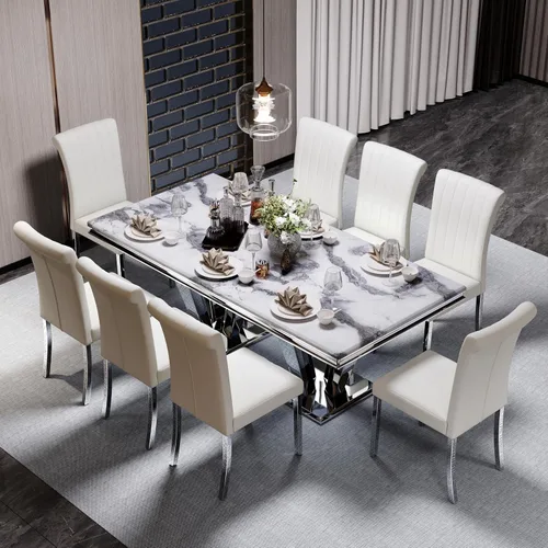 Miniatura 5 de ACEDÉCOR Mesa de comedor, mesa de comedor rectangular moderna de 78 pulgadas para 6-8 personas, parte superior de textura gris y base geométrica