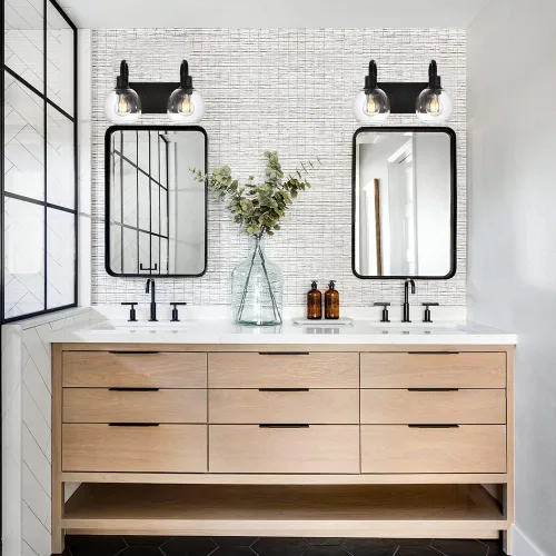 Miniatura 3 de Luz de tocador de baño con vidrio esmerilado en forma de globo de 2 luces, aplique de pared industrial negro para vestíbulo o pasillo