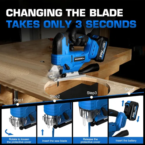 Miniatura 7 de Sierra de calar inalámbrica sin escobillas de 20 V con batería de 4.0 Ah 3200SPM, carrera de 1 pulgada Heavy-Duty Variable Speed Jigsaw Tool with