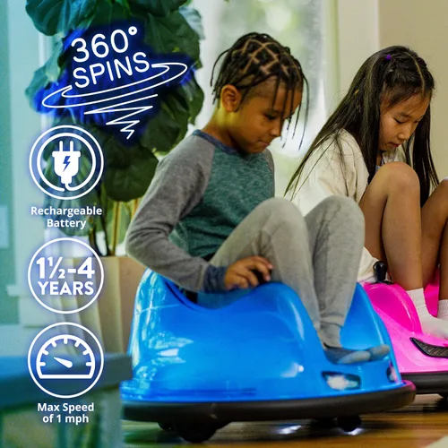 Miniatura 4 de Flybar Coche de parachoques azul brillante de 6V para niños – Juguete montable LED con giro de 360°, batería recargable y parachoques de goma suave