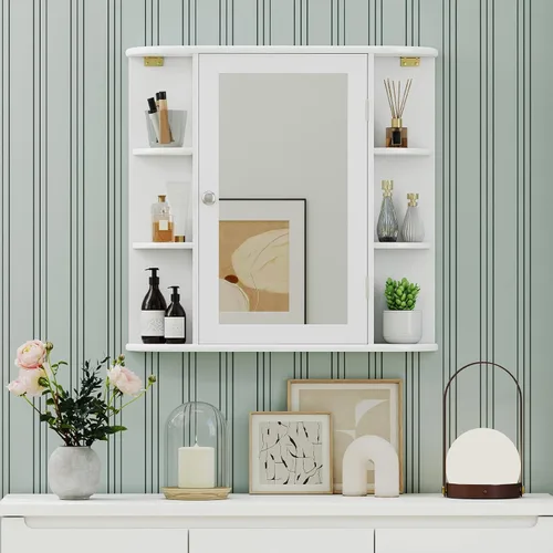 Miniatura 8 de Giantex Botiquín de baño, armario de espejo de baño montado en la pared con puerta de espejo y 4 estantes interiores, 6 estantes abiertos, Blanco