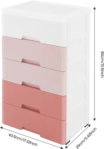 Miniatura 2 de Cómoda de cajones de plástico rosa degradado, armario de almacenamiento de 5 capas con 5 cajones, unidad organizadora estable sobre ruedas