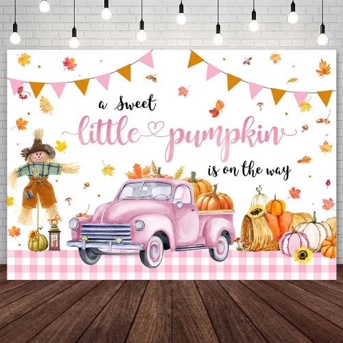 AIBIIN Telón de fondo de calabaza para baby shower de 7 x 5 pies para niñas, otoño y otoño, decoración de fiesta de baby shower, coche rosa,