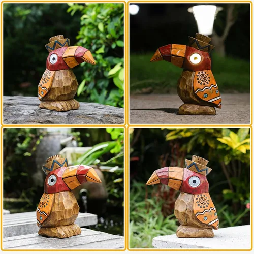 Miniatura 7 de Estatua Solar Tiki - Pájaro Carpintero de Madera - Jardín Hawaiano - Luz Solar para Exteriores, Esculturas y Estatuas de Jardín, Poste Tótem