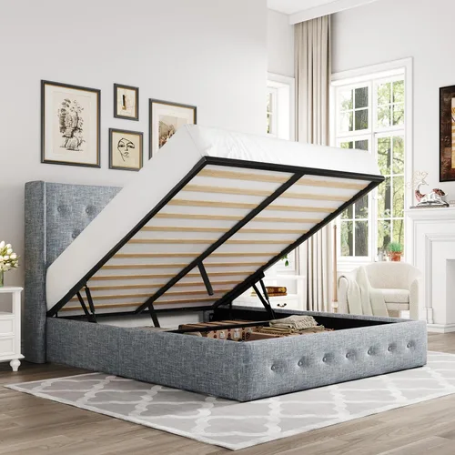 Allewie Cama de Almacenamiento Elevable Tamaño Completo, Cabecero Capitonado con Botones con Respaldo de Ala, Soporte Hidráulico, No Necesita Gris