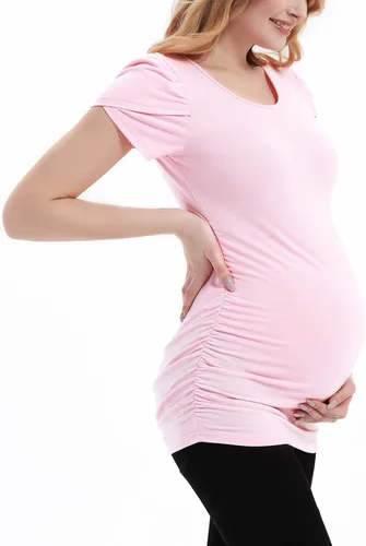 Miniatura 3 de DEBELLY Camiseta de maternidad con manga corta de pétalos, túnica de embarazo lateral fruncida para uso casual, camiseta básica de maternidad