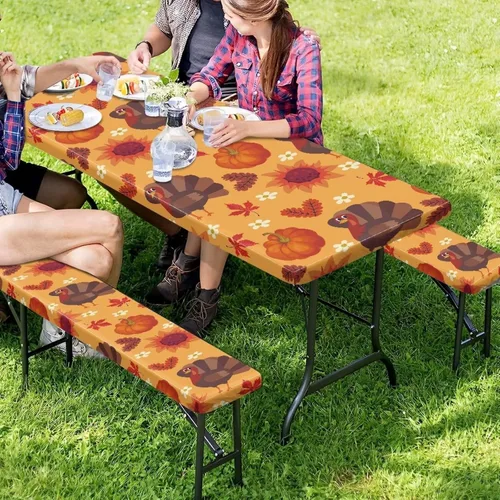 Miniatura 3 de Juego de 3 piezas de mantel de picnic con hojas de arce de pavo y girasol, lavable a máquina, fácil de instalar, funda para mesas y asientos Girasol