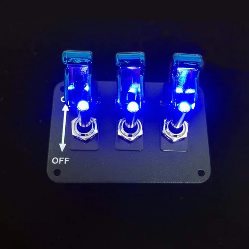 Miniatura 4 de Panel de interruptor de palanca, interruptor de encendido universal de 12 V, cubierta de 3 filas, revestimiento azul, panel de superficie anodizada