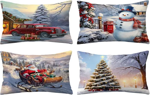 Miniatura 23 de Juego de 4 fundas de almohada de Navidad de 12 x 12 pulgadas, fundas de almohada de terciopelo de Navidad, fundas de almohada doradas y rojas