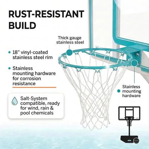 Miniatura 6 de Dunn-Rite Splash & Shoot, aro de baloncesto ajustable para piscina al aire libre con altura variable, pelota, base y borde de acero inoxidable de 18