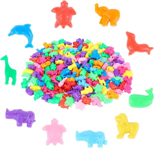 Miniatura 2 de 200 cuentas con forma de animal mixto, coloridas cuentas espaciadoras de animales marinos y de la selva, cuentas de plástico del zoológico, cuentas