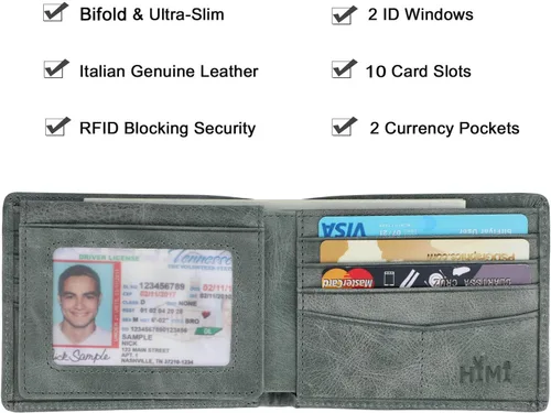 Miniatura 59 de HIMI - Cartera elegante de cuero auténtico para hombre, con bloqueo de interferencia de radiofrecuencia (RFID), con 2 ventanas para identificación