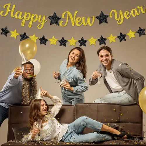 Miniatura 7 de KatchOn, Cartel de Feliz Año Nuevo pre-encordado – 10 pies, NO DIY, decoraciones doradas de la víspera de feliz Cartel de decoración de fiesta
