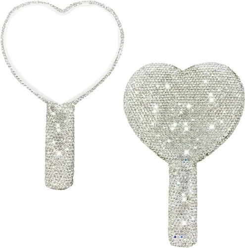 Miniatura 7 de LOPURO Espejo de mano con forma de corazón de diamantes de imitación, espejo de mano con diamantes de imitación, bonito espejo de mano cosmético