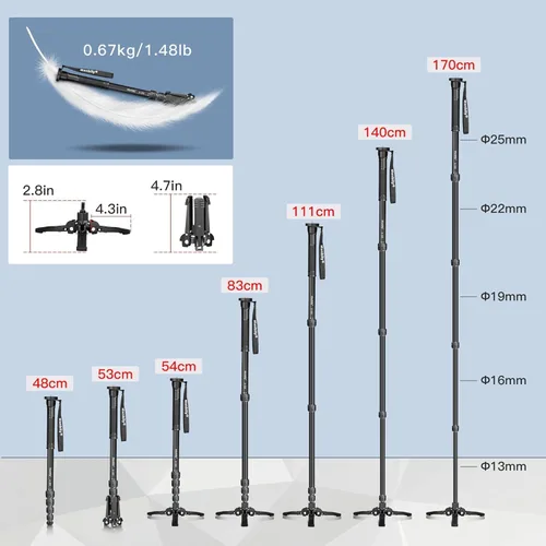 Miniatura 5 de Manbily Monopods for Cameras with Feet, 5 Sections, 67'', Max Load 15.43lb, Camera Monopod Extendable Portable Travel Aluminum for DSLR Canon Nikon