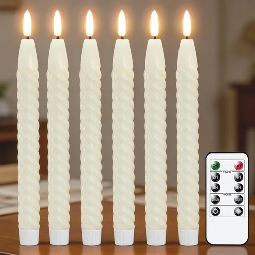 Miniatura 9 de Velas cónicas sin llama de flores moradas con temporizador remoto, velas LED que funcionan con pilas, mecha 3D cálida parpadeante, velas de cera