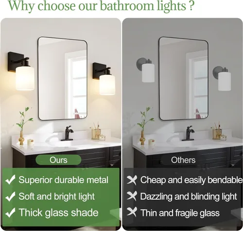 Miniatura 2 de MOKATNG Juego de 2 apliques de pared para baño, luces de tocador modernas negras con pantalla de vidrio blanco, lámpara de pared de baño