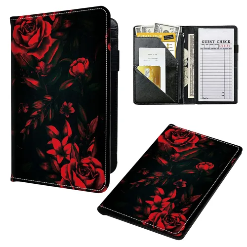 Miniatura 31 de Libros para camarera, cartera de cuero con bolsillo con cremallera, 7 bolsillos de almacenamiento para recetas y cheques, soporte para bolígrafos