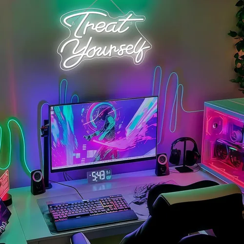 Miniatura 8 de Letreros de neón Treat Yourself LED blanco para pared de dormitorio luces de neón con letras letreros de boda decoración de habitación de neón