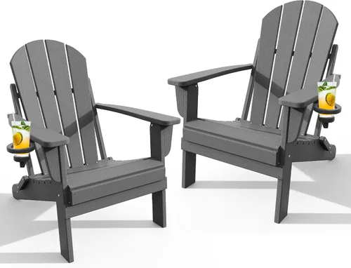 Miniatura 9 de Silla Adirondack plegable con soporte para tazas, sillas de patio de plástico HDPE para todo tipo de clima, silla para hoguera, sillas de césped al