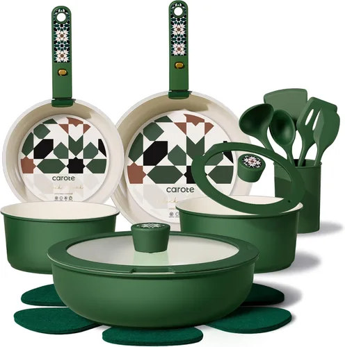 CAROTE Juego de utensilios de cocina de cerámica de 19 piezas, juego de ollas y sartenes antiadherentes, no tóxicos, mango desmontable, juego de