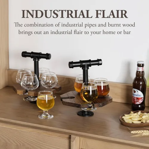 Miniatura 2 de MyGift Bandeja de madera quemada maciza para servir whisky y cerveza con asa de transporte industrial de tubo de metal negro y 4 vasos de cerveza
