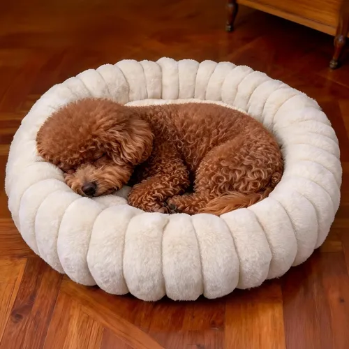 Miniatura 11 de Cama en forma de dona para perros y gatos, lujosa y cómoda cama de pelo sintético de conejo para mascotas, cama redonda antiansiedad calmante
