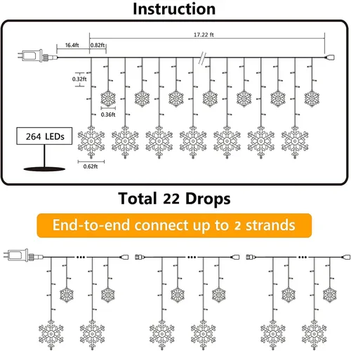 Miniatura 6 de Luces de copo de nieve de Navidad para exteriores, 17.22 pies, 264 luces LED de carámbano de copo de nieve con 22 gotas, 8 modos conectables